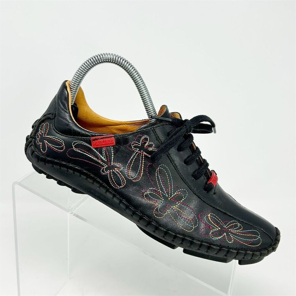 Pikolinos Black Leather Lace-Up Loafers With Floral Butterfly Stitching Size 37